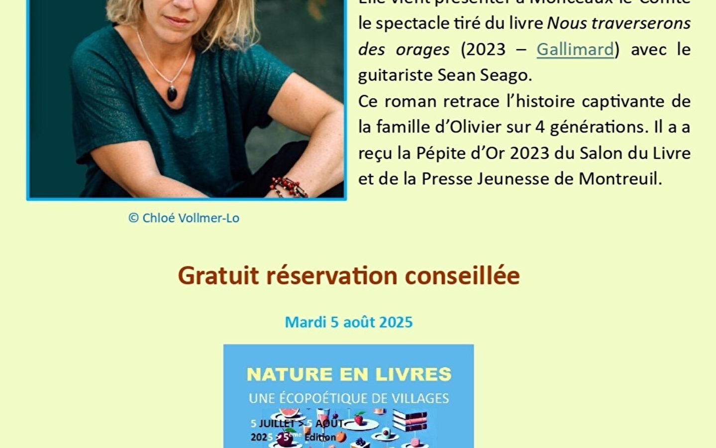 Festival Nature en Livres - Spectacle littéraire de clôture - Nous traverserons des orages - Anne Laure Bondoux et Sean Seago